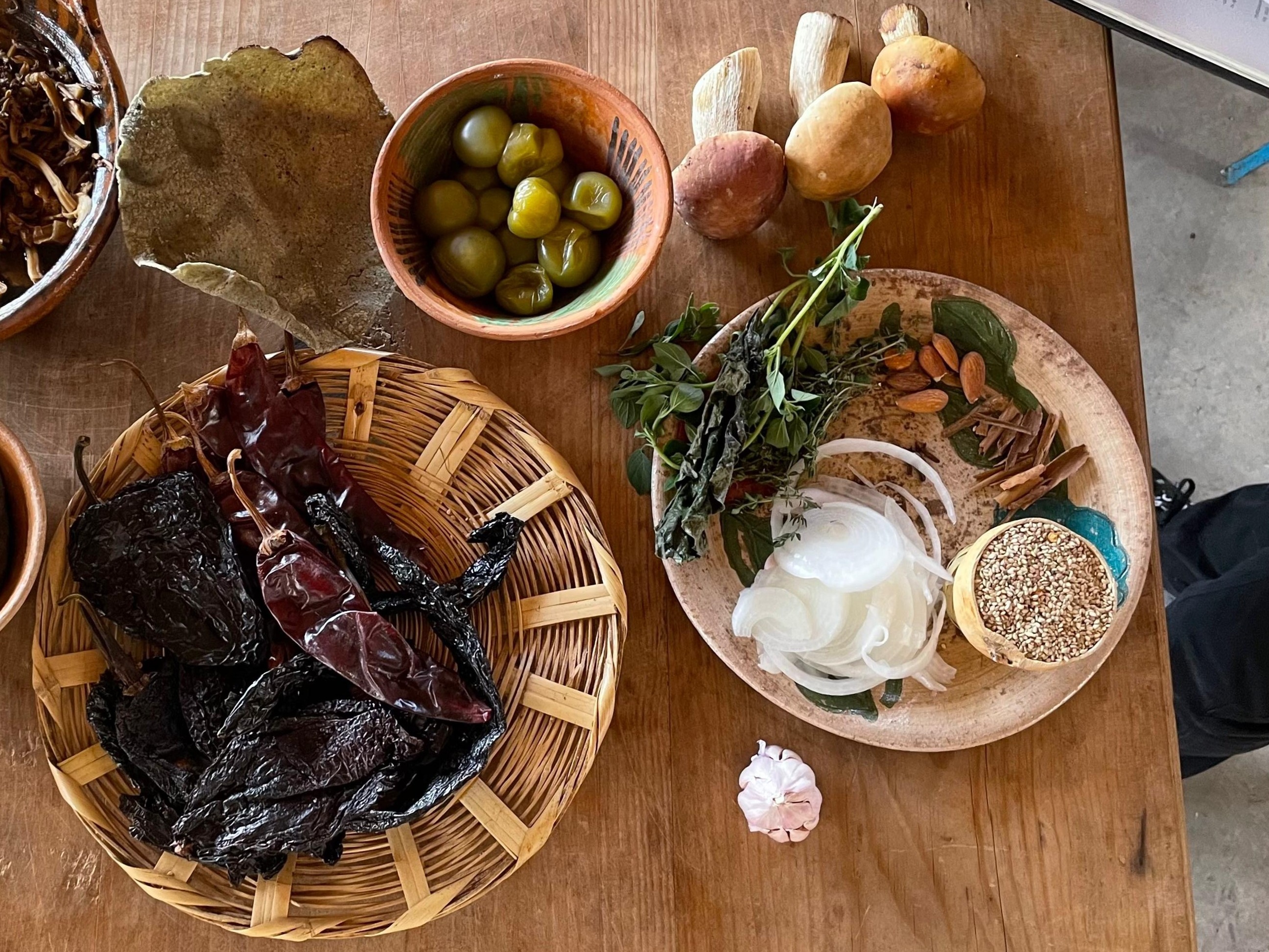 Assortment of Traditional Oaxacan Ingredients in handwoven baskets.