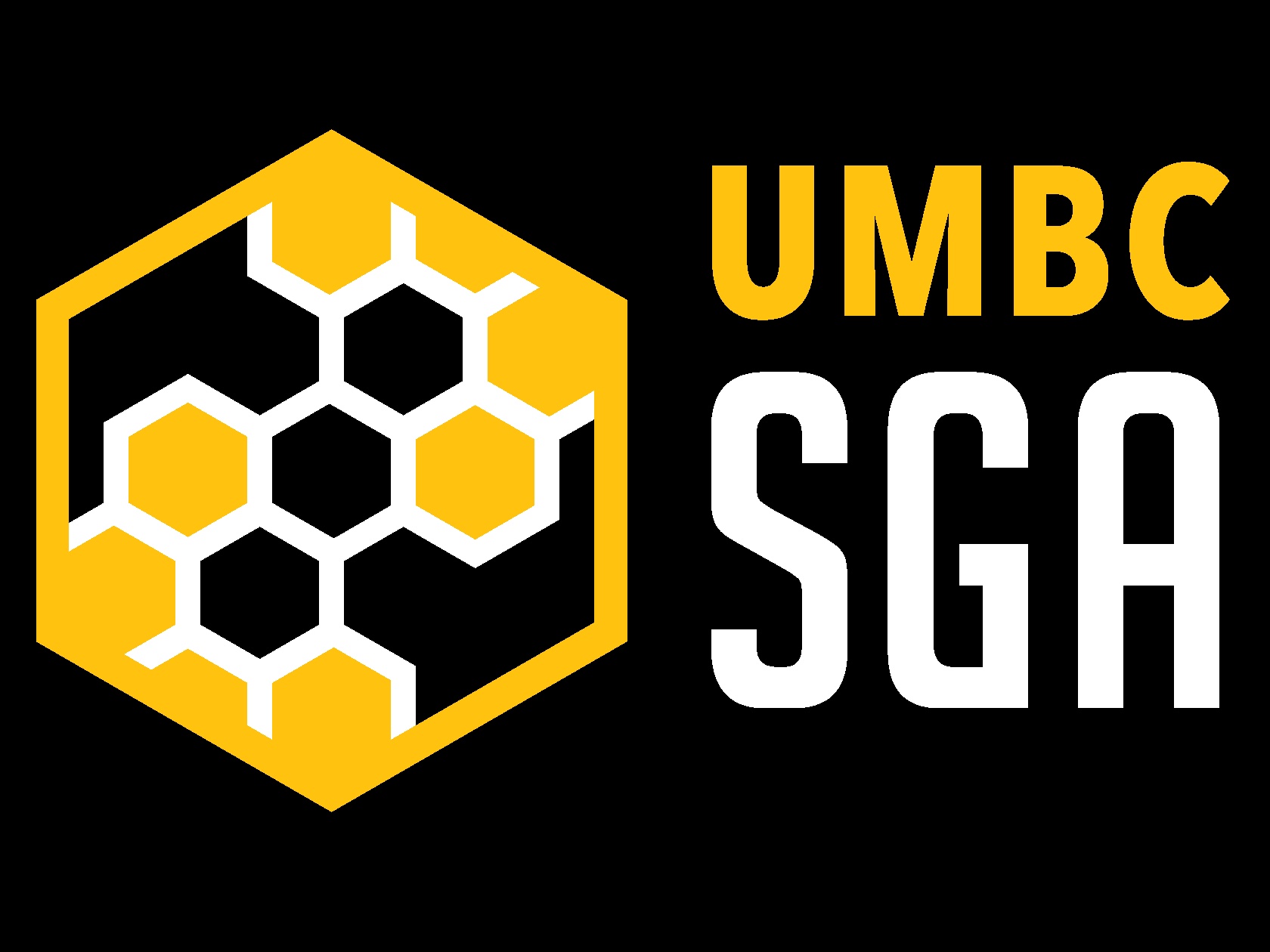 SGA logo of a gold honeycomb on a black background with the words "UMBC SGA"