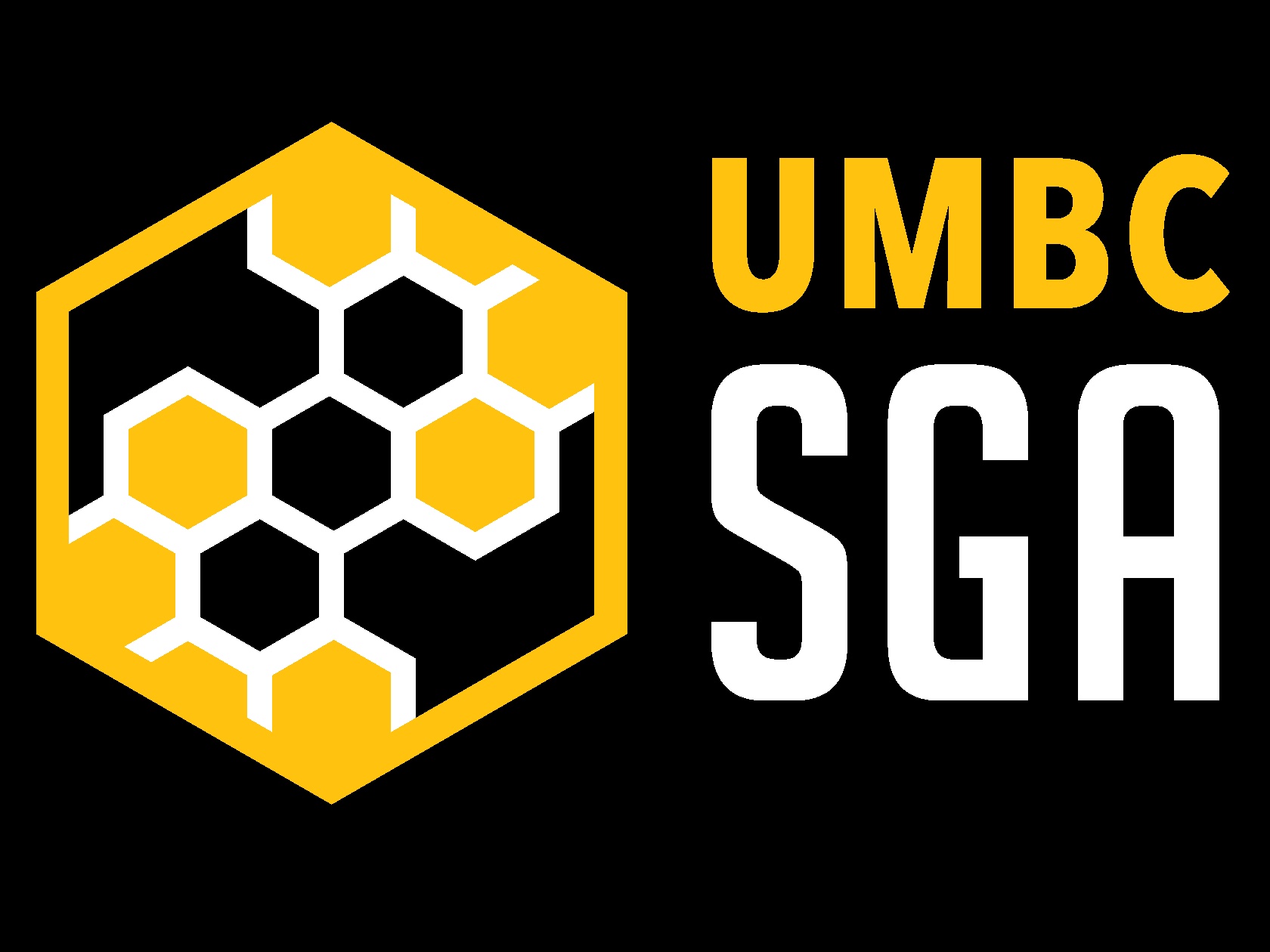 The words "UMBC SGA" against a black background with the SGA honeycomb logo in gold.