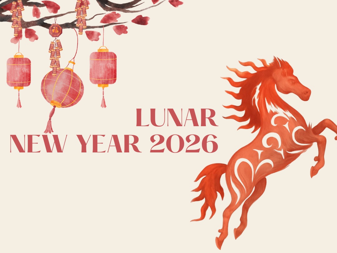 A red horse with flame carvings on its body with red East Asian paper lanterns in the corner. The text, "Lunar New Year 2026" in the middle of the graphic.