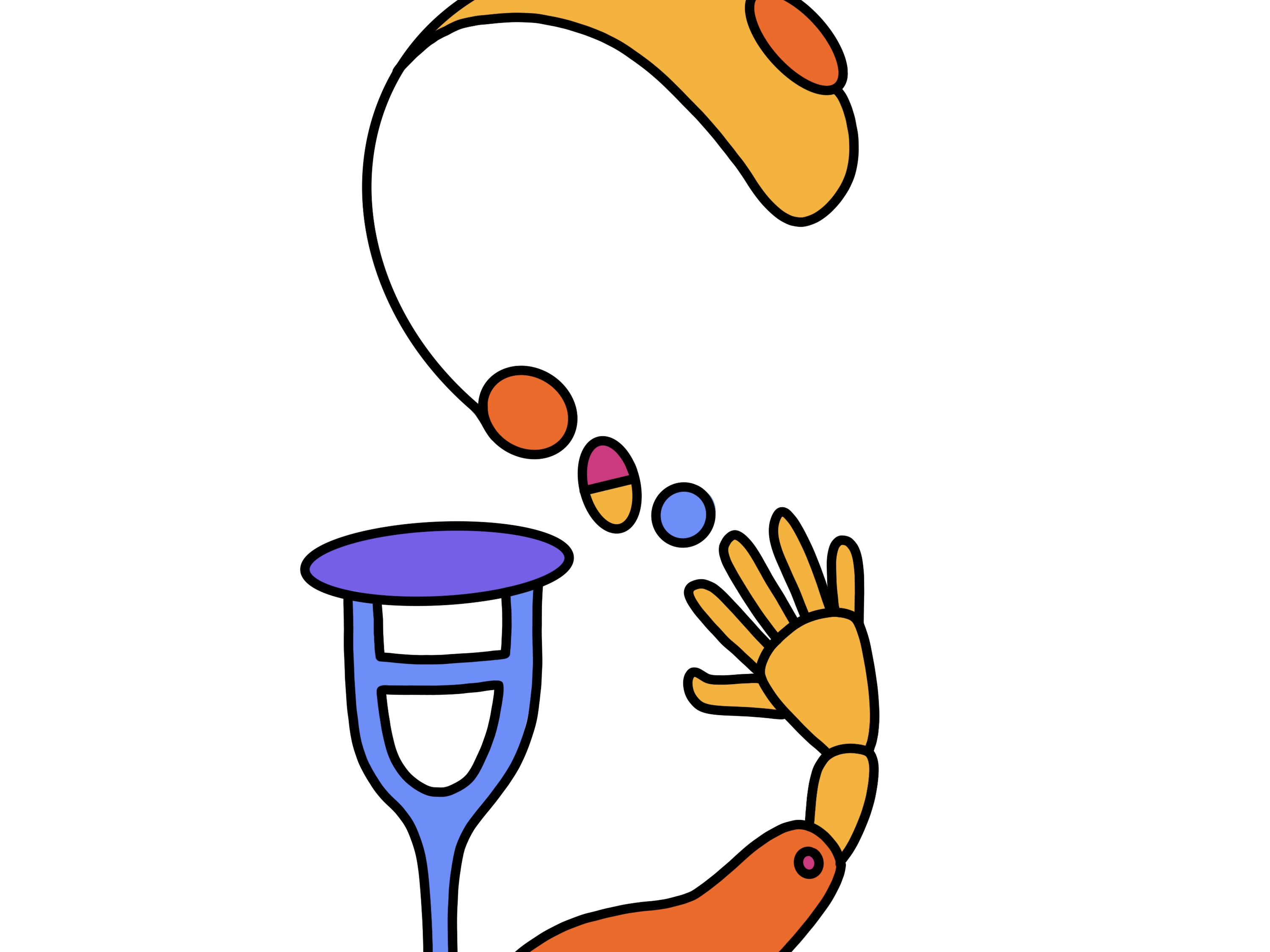 The Critical Disability Studies Minor logo was designed by Julia Sigrist, a student in the minor. It spells out the letters C, D, and S (for Critical Disability Studies) using a mobility aid (crutch), a prosthetic arm, different pills, and a hearing aid, which are all different items that disabled people use/require for daily life. The color pallet chosen is colorblind friendly.
