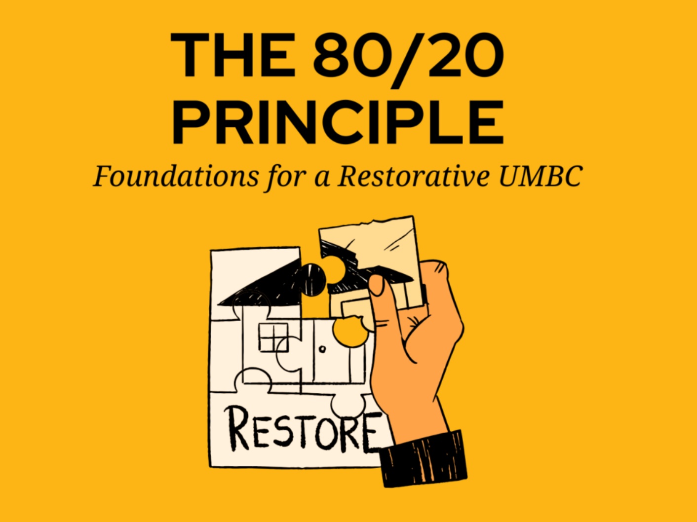 Gold square reading The 80/20 Principle: Foundations for a Restorative UMBC with an image of a puzzle piece house and a hand adding a piece.