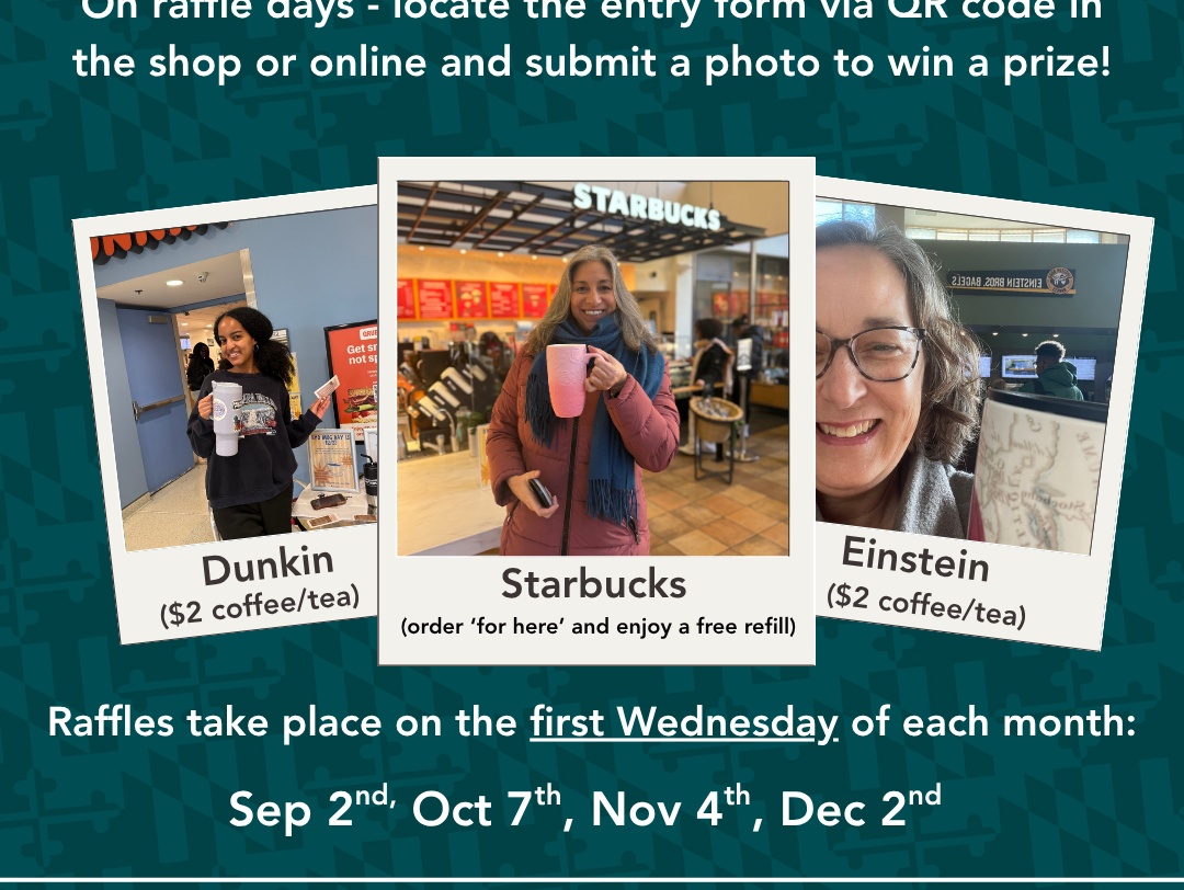 photos of staff and students holding up reusable cups  at Dunkin, Einstein, and Starbucks