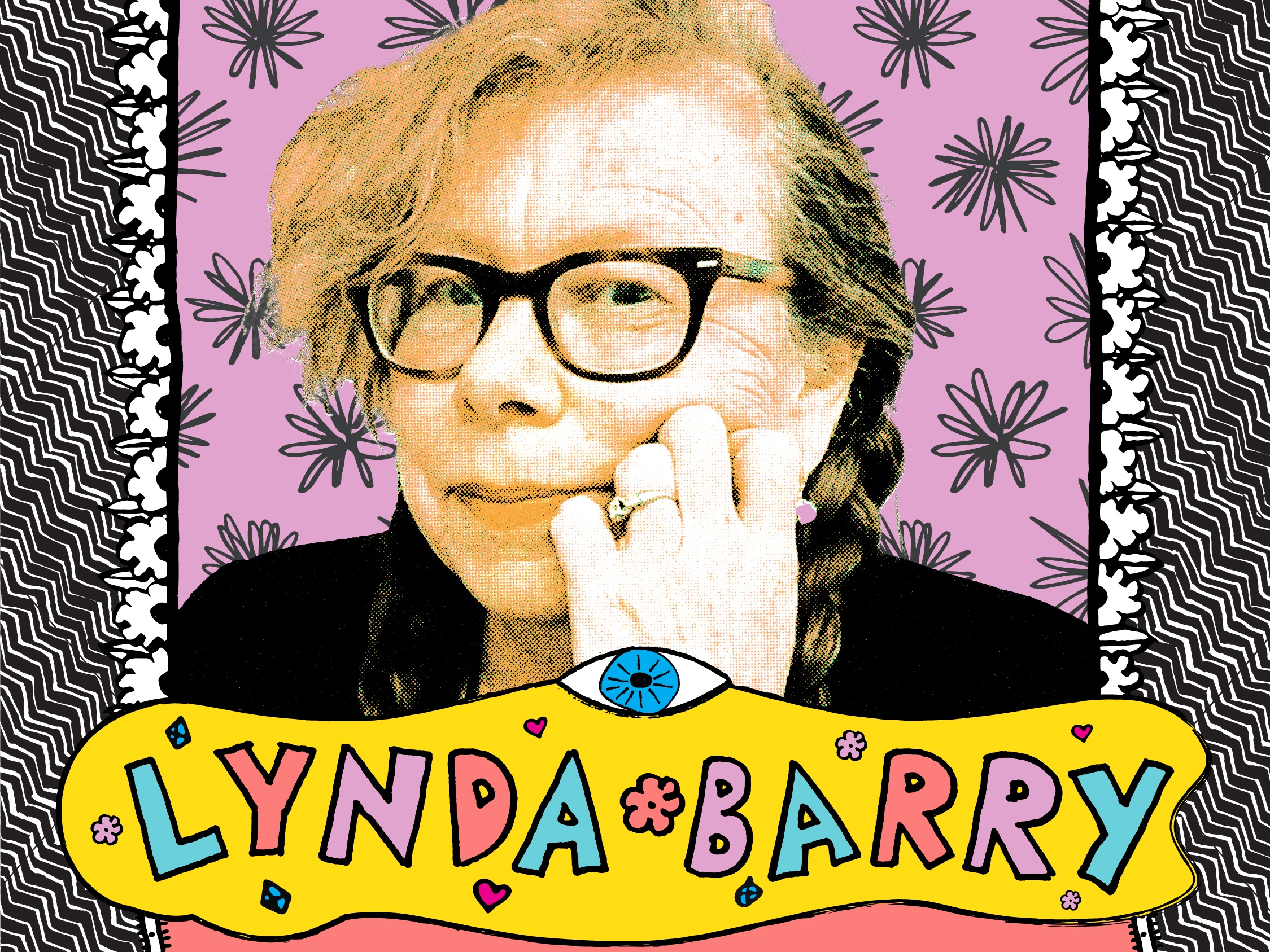 Image of author Lynda Barry on a colorful background