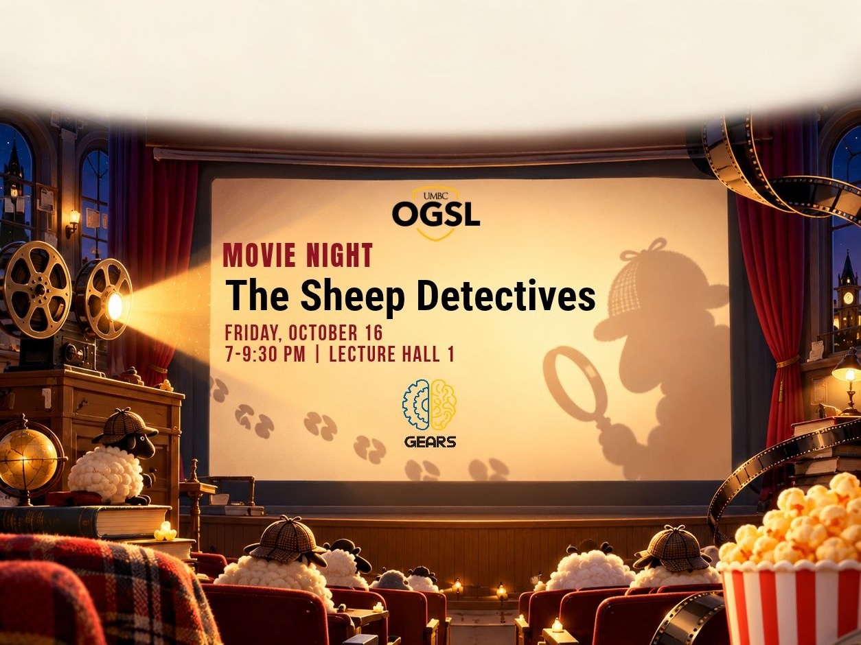 A square OGSL Movie Night flyer with a warm, illustrated movie theater scene. A film projector shines onto a large screen while sheep wearing detective hats sit in theater seats. The screen includes the OGSL and GEARS logos and event details: “Movie Night: The Sheep Detectives,” Friday, October 16, 7-9:30 PM, Lecture Hall 1. A shadow of a sheep detective holding a magnifying glass appears on the screen, with popcorn, film reels, red curtains, and clue-like footprints throughout the theater.
