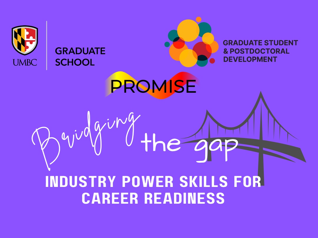 Logos: UMBC Graduate School, GSPD unit, PROMISE program, and the Bridging the gap series on a purple background