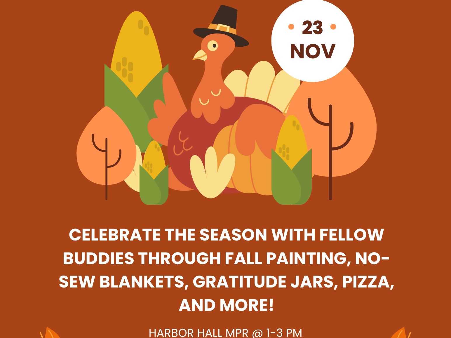 Join UMBC Best Buddies this Sunday, November 23 from 1-3 PM in the Harbor Hall MPR for a relaxing afternoon of canvas painting, gratitude jars, no-sew blankets, and—yes—FREE PIZZA! Bring a buddy and your creative spark!
