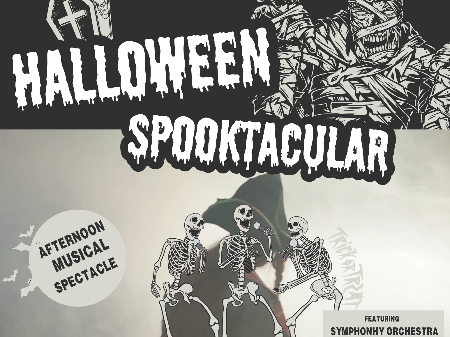 A spooky collection of skeletons and mummies, with the words "Halloween spooktacular"