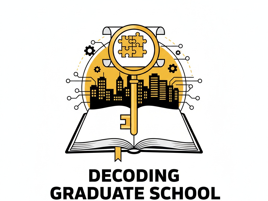 A central, open academic book serves as the foundation for a golden-yellow and black graphic titled "DECODING GRADUATE SCHOOL: THE COMPLETE SERIES." From the pages of the book, a stylized golden skyline of UMBC and a circuit-board pattern emerge, symbolizing growth and technical expertise. A large golden key with a magnifying glass as its handle is positioned vertically in the center, framing a puzzle-piece icon that represents the "decoding" of complex information. The entire design is set against a circular yellow backdrop with gear icons, emphasizing a structured and mechanical approach to academic success.