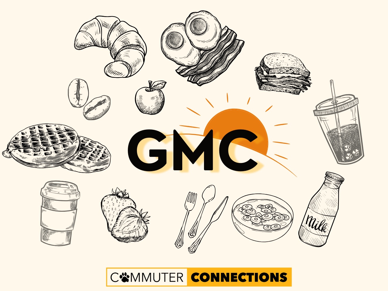 breakfast food items in a circle surrounding the letters GMC in front of a sun symbol