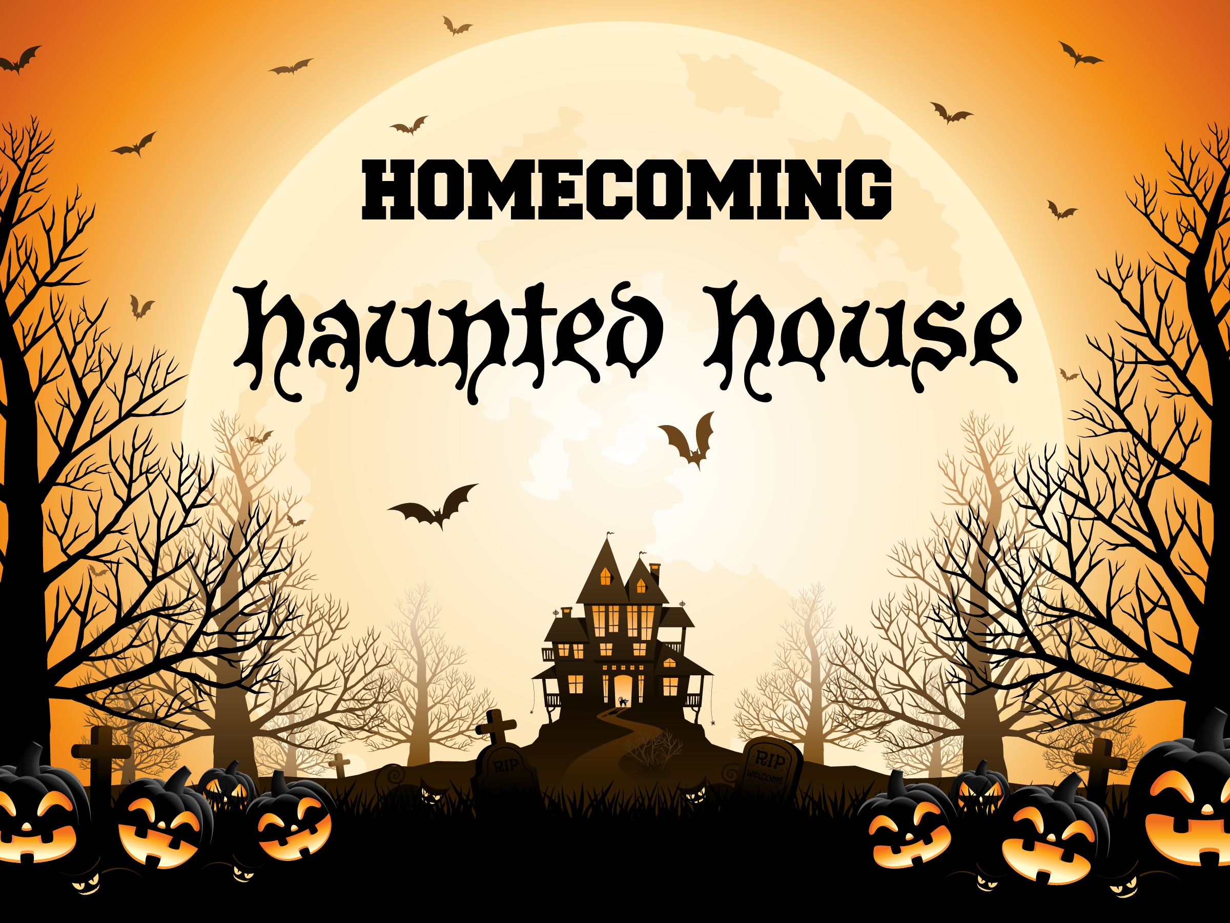 An illustrated haunted house with jack-o'-lanterns in front, bats flying above, and an orange sky.