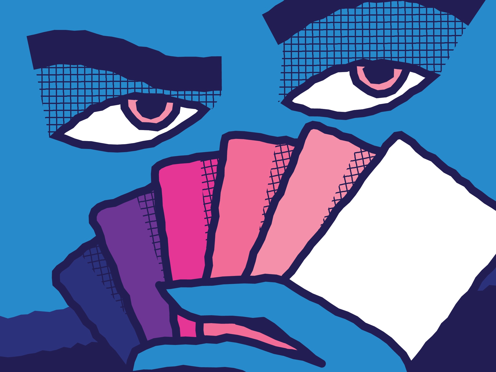 eyes peeking up suspiciously over a hand holding playing cards