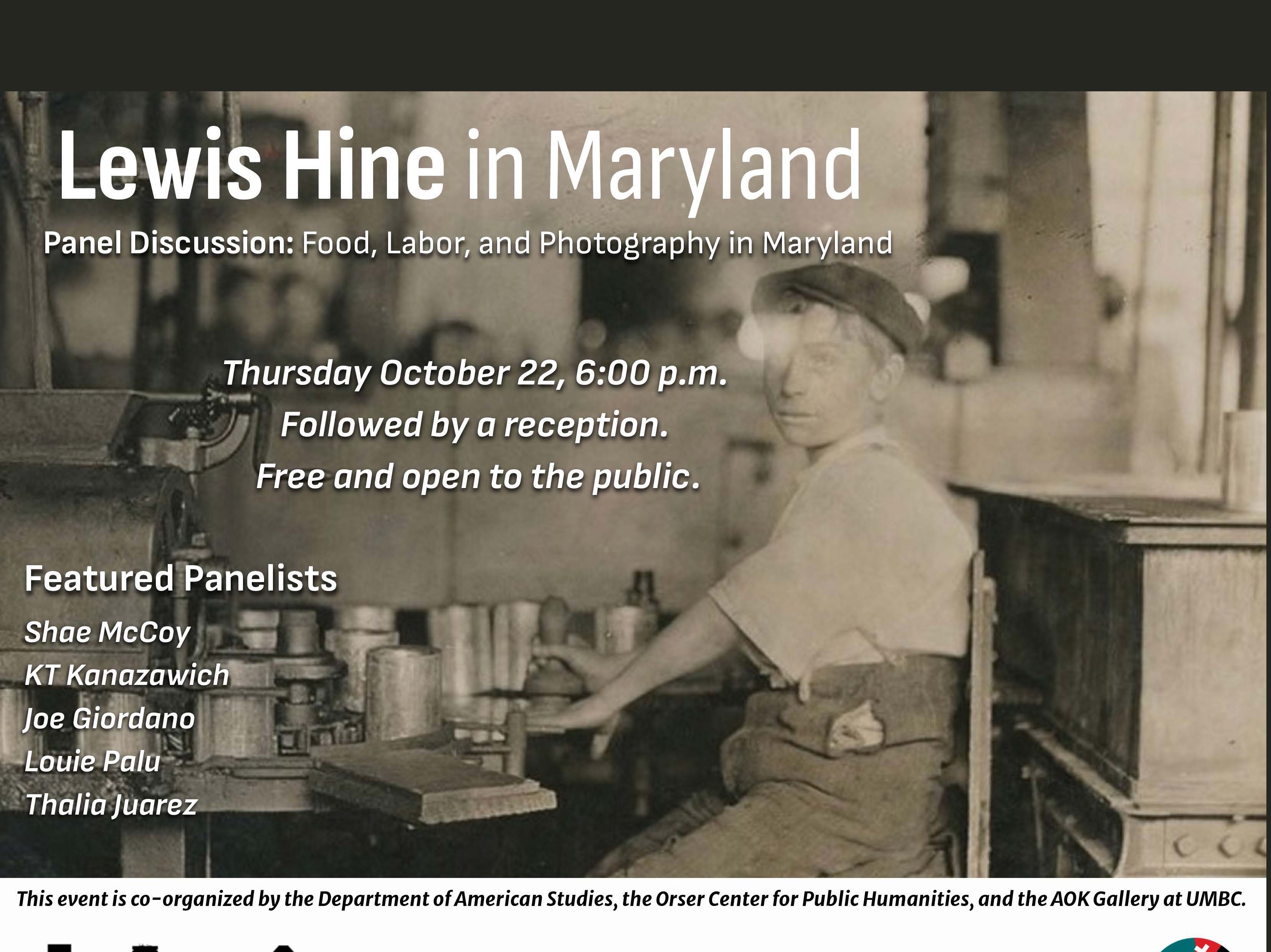 Event flyer with details in white text over a sepia photograph by Lewis Hine of a small boy at work.