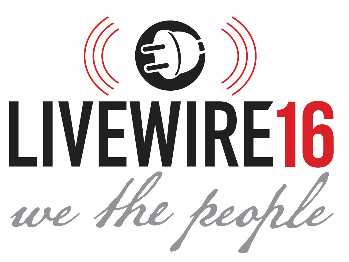 Logo for Livewire16 with an electrical plug icon and sound waves above the text. The text reads Livewire16, we the people.