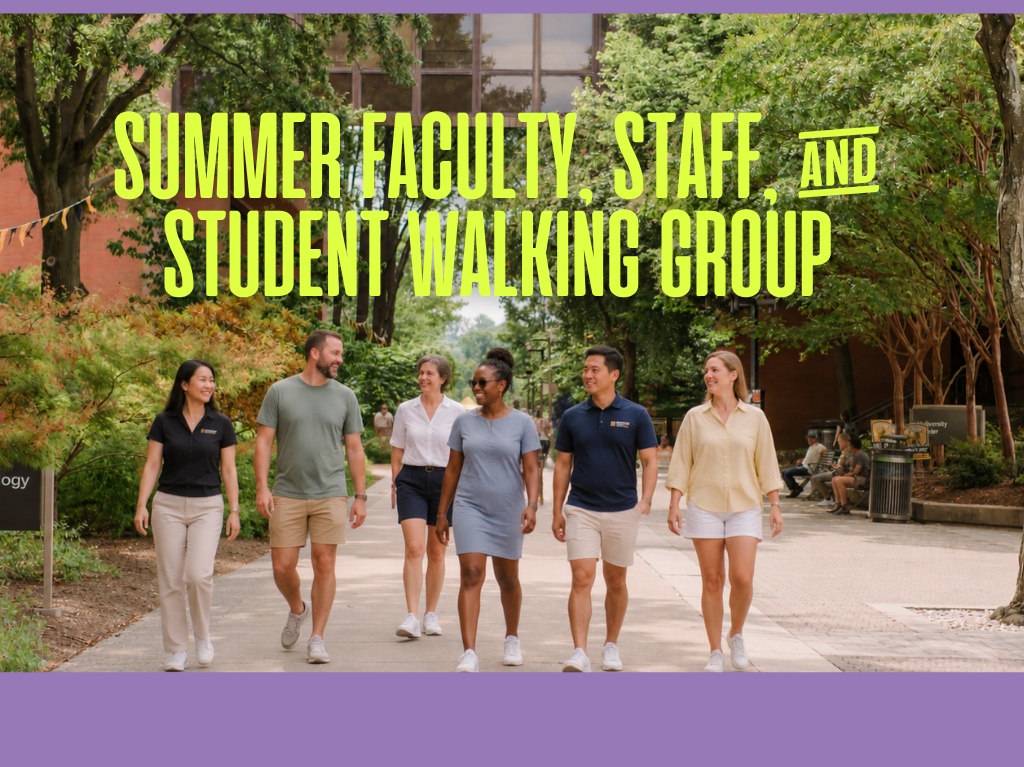 Summer Faculty, Staff, and Student Walking Group.
Image shows a group of six people walking together on academic row at UMBC.
