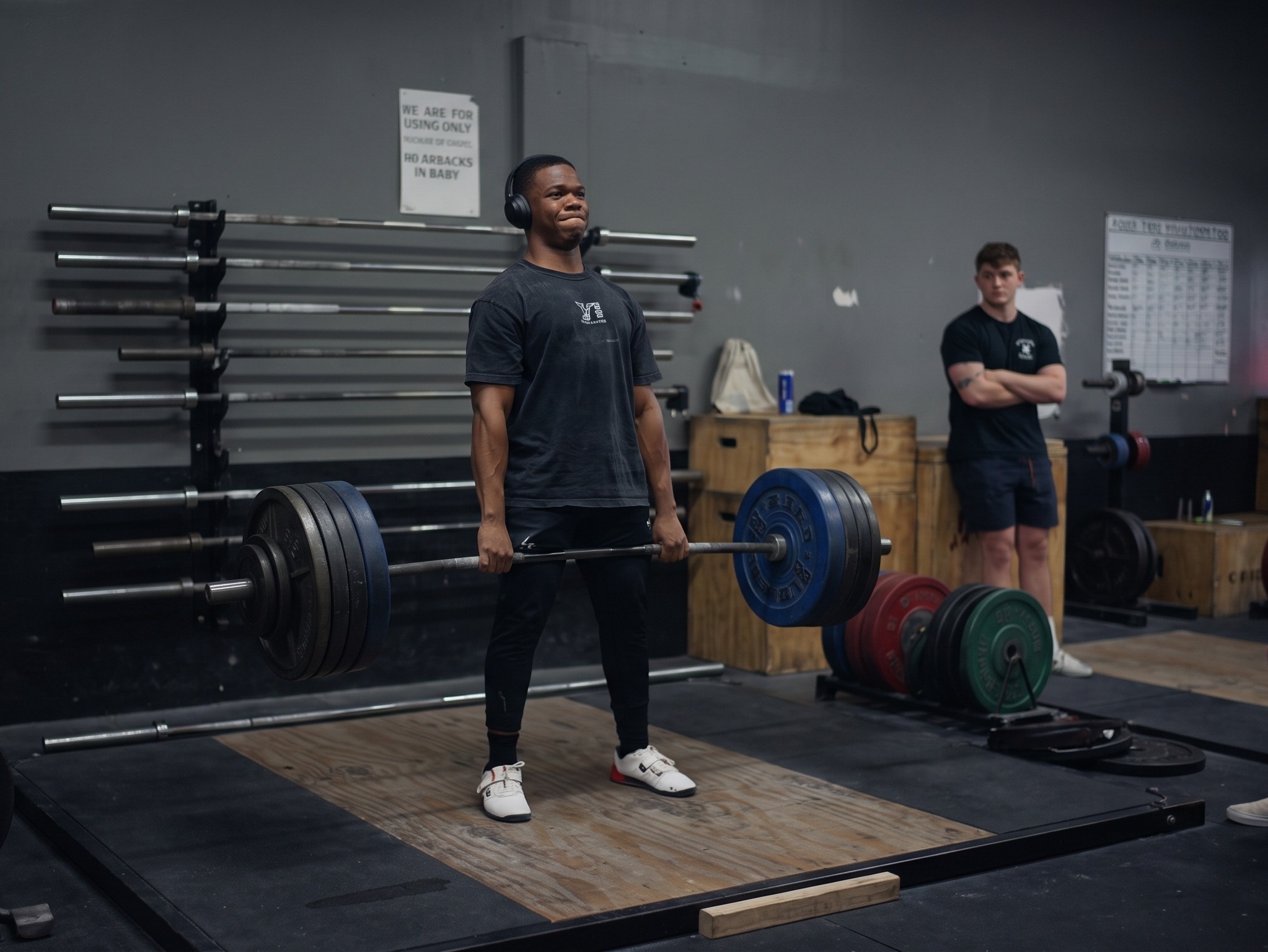 A man wearing headphones and a dark T-shirt stands centered on a wooden gym platform, holding a heavily loaded barbell at the top of a deadlift while someone watches from the edges.