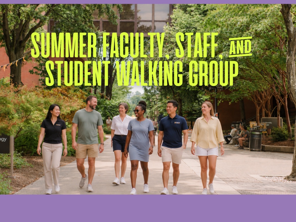 Summer Faculty, Staff, and Student Walking Group. 
Image is six people walking together on academic row on UMBC's campus.