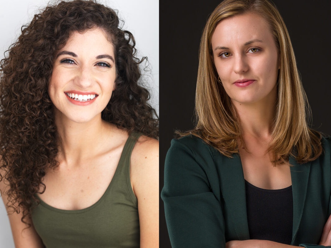 Two women's headshots are shown side to side, on the left there is a fair skinned woman with dark curly hair smiling, she has on an army green tank top. On the right a fair skinned woman with blonde shoulder length hair is taking a more serious pose. She has on a very dark teal green blazer and a black shirt underneath, her arms are crossed.